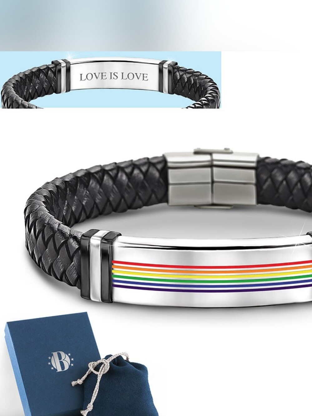 The Bradford Exchange Love Is Love Black Leather Silver Tone Rainbow Cuff NEW